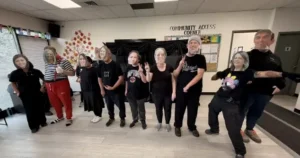 Resourceful Futures Theatre Club members posing together in the Community Access studio